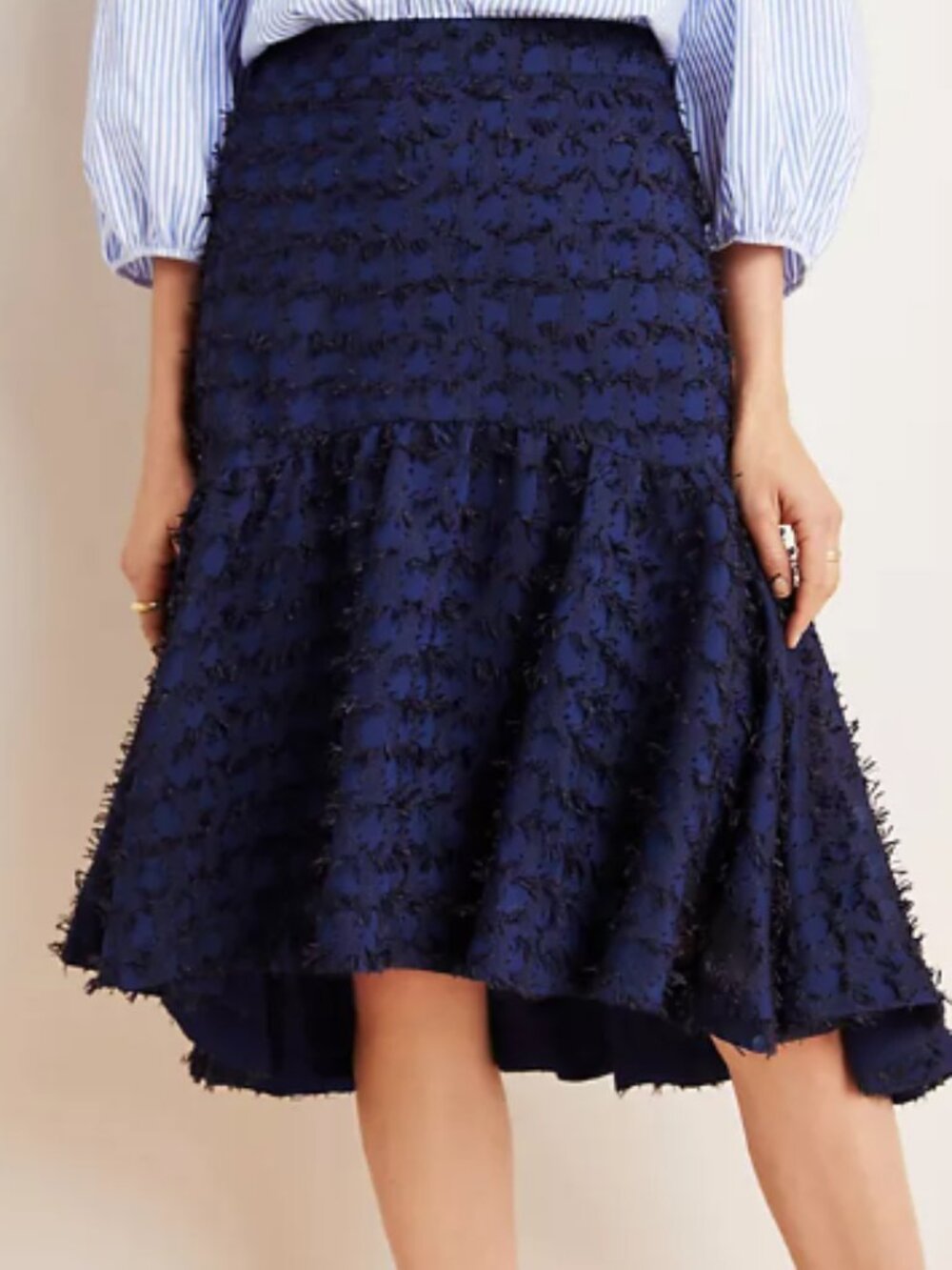 Maeve Anthropologie Miranda textured midi skirt size small navy black fringe - Picture 2 of 11
